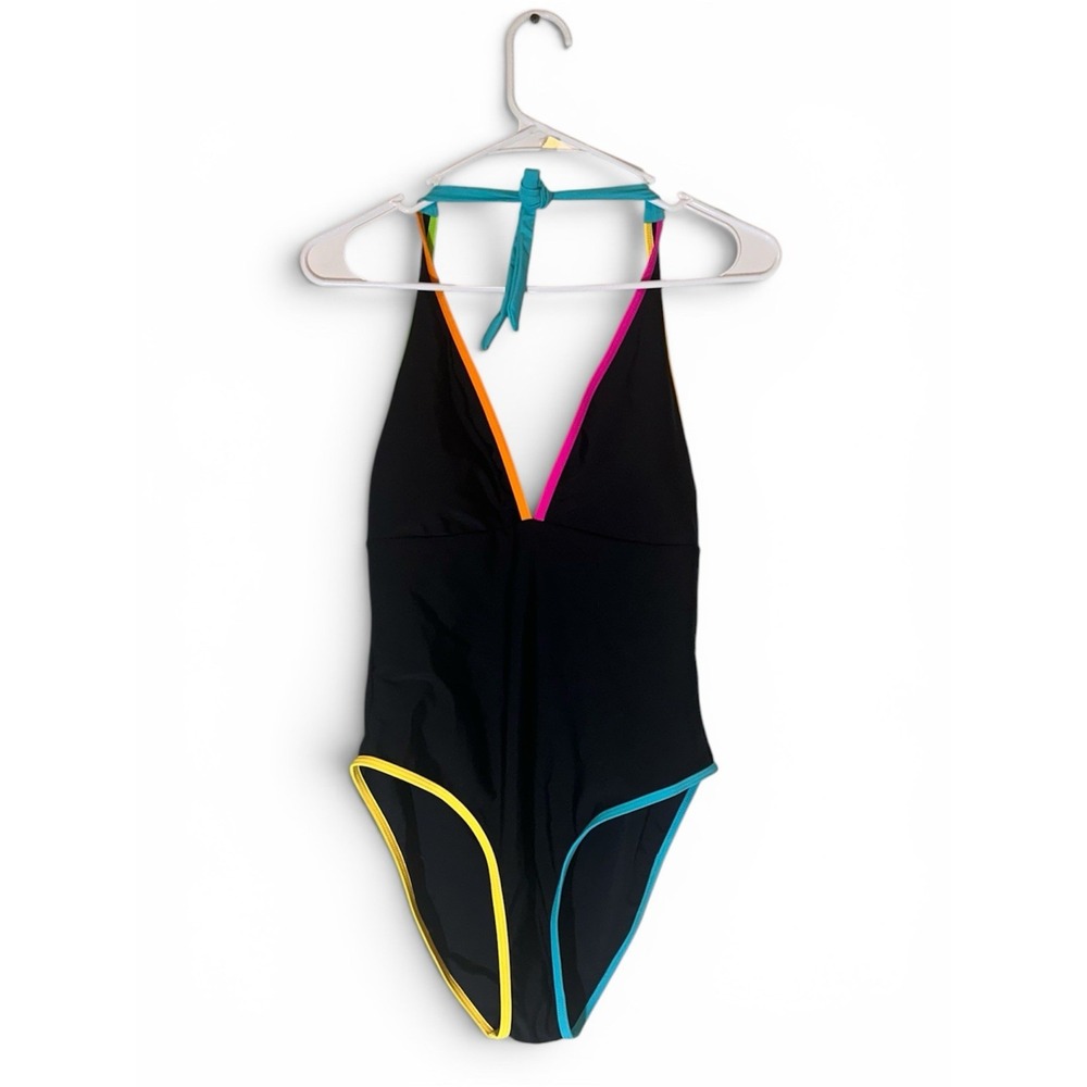 Neon Rainbow Trim Halter One Piece Swimsuit Black V-Neck Size M